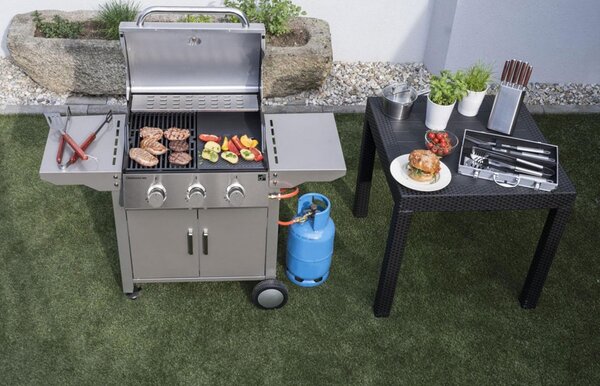 Grătar pe gaz OKLAHOMA BBQ, 3 arzătoare, cu regulator de presiune, argintiu Penta CZ