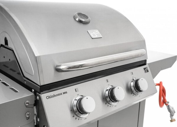 Grătar pe gaz OKLAHOMA BBQ, 3 arzătoare, cu regulator de presiune, argintiu Penta CZ