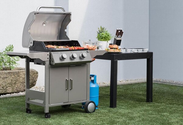 Grătar pe gaz OKLAHOMA BBQ, 3 arzătoare, cu regulator de presiune, argintiu Penta CZ