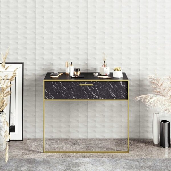 Consola POLKA, negru/auriu, PAL melaminat/metal, 90x39x77 cm