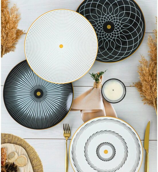 Set 4 platouri 275KRM1345, alb/negru, ceramica, 25x4 cm