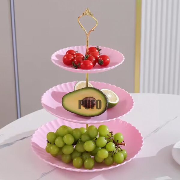 Fructiera etajata Pufo Candy cu 3 niveluri, pentru prajituri, torturi, fructe, aperitive, maner metalic, roz