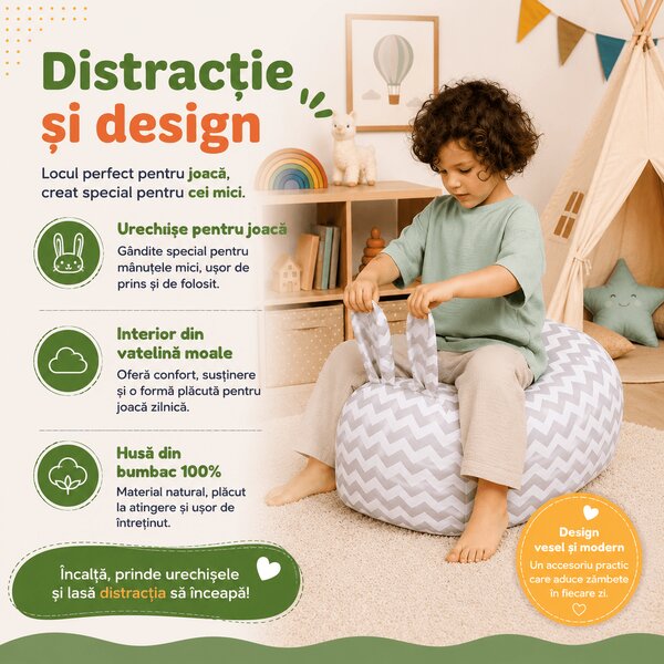 Fotoliu tip puf pentru copii Kidizi Bunny Zig Zag – pentru joaca, relaxare si citit