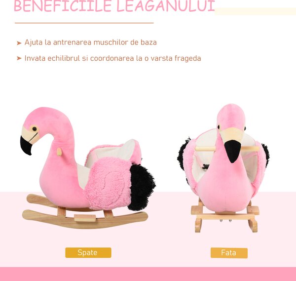 HOMCOM Balansoar Flamingo pentru Copii, Leagăn Moale din Pluș pe Structură de Lemn, Jucărie Interactivă 60x33x52cm Roz | Aosom Romania