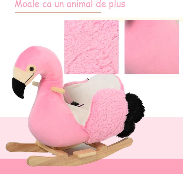 HOMCOM Balansoar Flamingo pentru Copii, Leagăn Moale din Pluș pe Structură de Lemn, Jucărie Interactivă 60x33x52cm Roz | Aosom Romania