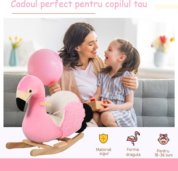 HOMCOM Balansoar Flamingo pentru Copii, Leagăn Moale din Pluș pe Structură de Lemn, Jucărie Interactivă 60x33x52cm Roz | Aosom Romania