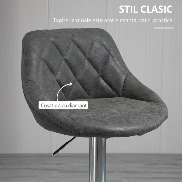 HOMCOM Set 2 Scaune Bar Pivotante Reglabile, Suport Picior, Imitație Piele, Design Modern, Gri | Aosom Romania