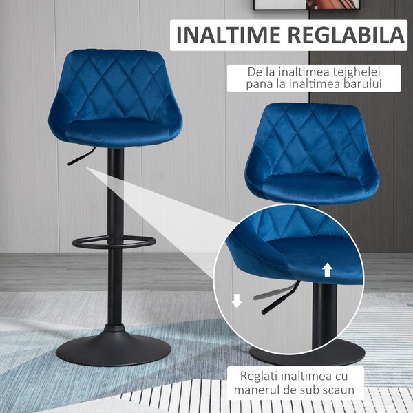 HOMCOM Set 2 Scaune de Bar Reglabile, Confortabile, Design Modern, 51.5x48x83-104 cm, Albastru | Aosom Romania