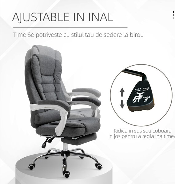 Vinsetto Scaun Ergonomic de Birou Reglabil cu Suport pentru Picioare, Spătar Înalt și Brațe, 65x70x115-123 cm, Gri | Aosom Romania