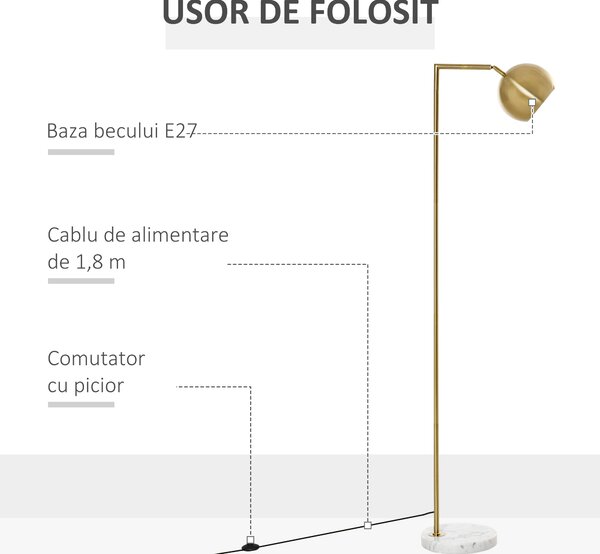 Lampa de podea cu structura metalica si abajur reglabil, din Metal si Marmura 38x26x165cm Auriu, Alb HOMCOM | Aosom RO