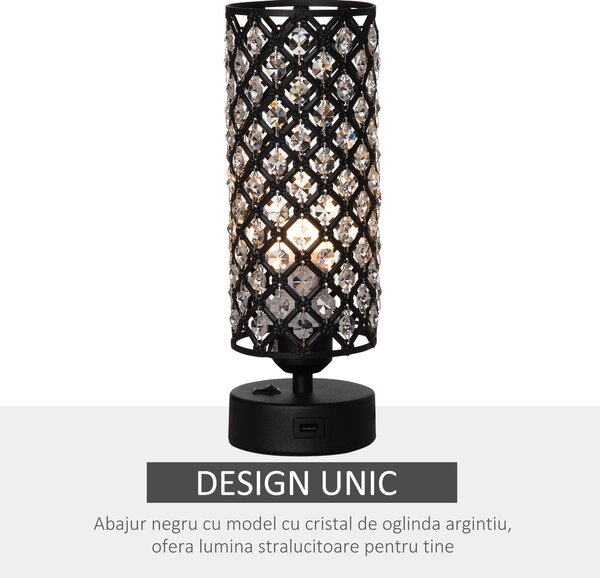 HOMCOM Lampa de Masa Eleganta cu Abajur din Cristal si 2 Porturi USB, Lumina Reglabila Touch, Design Modern, Ф10,8x30 cm, Negru | Aosom Romania