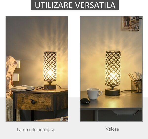HOMCOM Lampa de Masa Eleganta cu Abajur din Cristal si 2 Porturi USB, Lumina Reglabila Touch, Design Modern, Ф10,8x30 cm, Negru | Aosom Romania