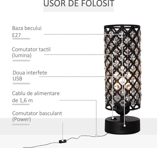 HOMCOM Lampa de Masa Eleganta cu Abajur din Cristal si 2 Porturi USB, Lumina Reglabila Touch, Design Modern, Ф10,8x30 cm, Negru | Aosom Romania