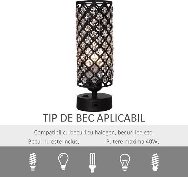 HOMCOM Lampa de Masa Eleganta cu Abajur din Cristal si 2 Porturi USB, Lumina Reglabila Touch, Design Modern, Ф10,8x30 cm, Negru | Aosom Romania