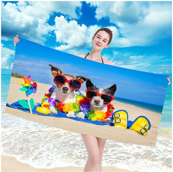 Prosop de plaja cu doi caini veseli ce fac plaja 100 x 180 cm