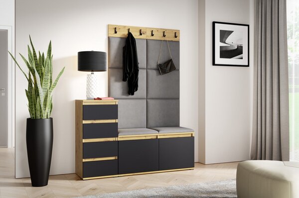Set Mobilier hol cuier , modern cu panouri tapitate , pantofar si comoda , 130 cm lungime x 40 cm adancime x 185 cm inaltime, negru-stejar artisa gri cenusiu