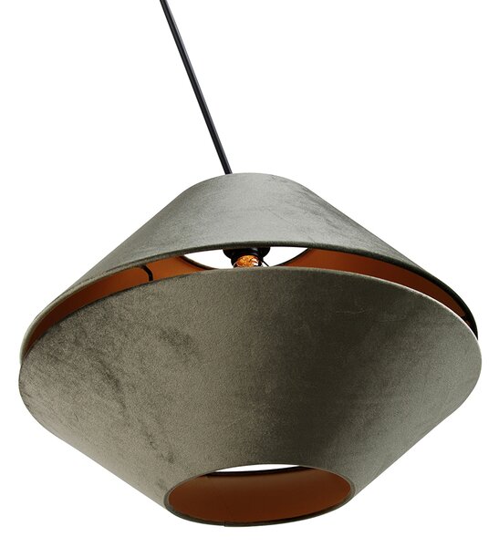 Lampă Pandantiv Negru cu Abajur Dublu din Catifea Verde cu Interior Auriu - Blitz