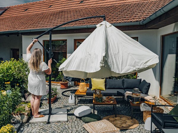 Umbrela de soare pliabila de gradina bej, LEVI 300 cm + husa gratuit