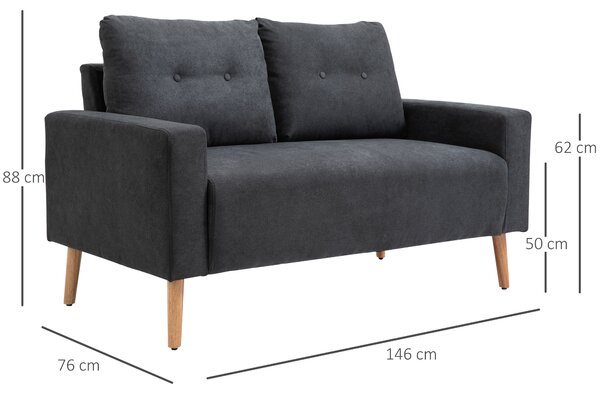 HOMCOM Canapea Modernă cu 2 Locuri cu Spătar Matlasat, din Poliester și Lemn, 145x76x88 cm, Gri | Aosom Romania