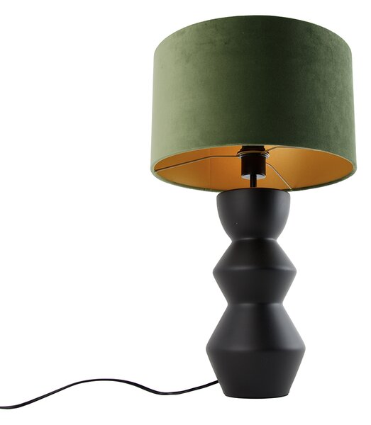 Lampa de masă de design cu abajur din catifea neagră verde cu auriu 35 cm - Alisia