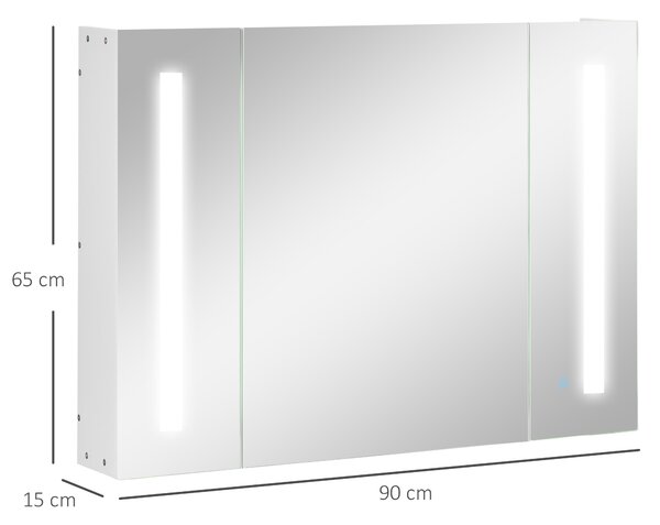Kleankin Dulap de Baie LED cu Oglindă, 3 Uși și Rafturi Reglabile, Organizator de Depozitare Reglabil, 90x15x65 cm, Alb | Aosom Romania