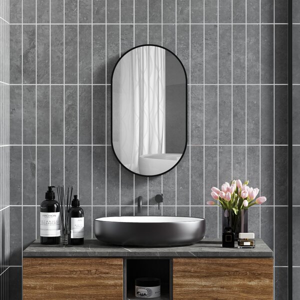 HOMCOM Oglindă ovală murală cu cadru din aluminiu stil minimalist montaj vertical sau orizontal cu 3 cârlige 40 x 70 cm negru | Aosom Romania