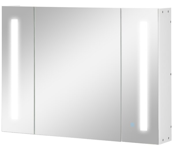 Kleankin Dulap de Baie LED cu Oglindă, 3 Uși și Rafturi Reglabile, Organizator de Depozitare Reglabil, 90x15x65 cm, Alb | Aosom Romania