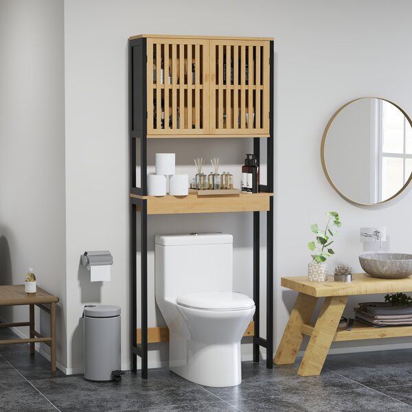 HOMCOM Dulap Baie cu Economie de Spațiu, Dulap Deasupra Toaletei cu 2 Uși și Raft Deschis, 60x21,5x172 cm, Lemn Natural | Aosom Romania