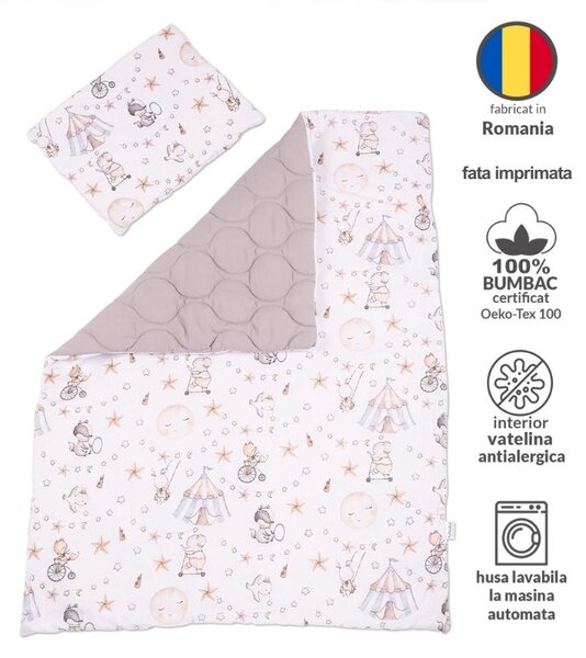 Set lenjerie matlasata 5 piese Kidizi Circus, include perna, plapumioara, aparatoare si cearceaf