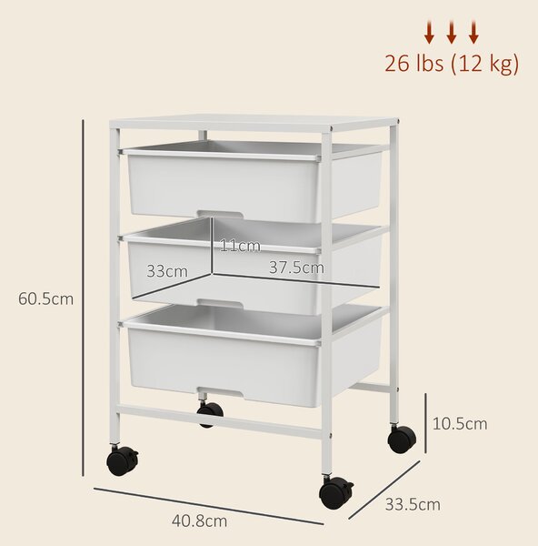 HOMCOM Cărucior Multifuncțional cu 3 Coșuri și Roți, Cărucior pentru Bucătărie și Birou din Oțel și Plastic, 40.8x33.5x60.5 cm, Alb | Aosom Romania