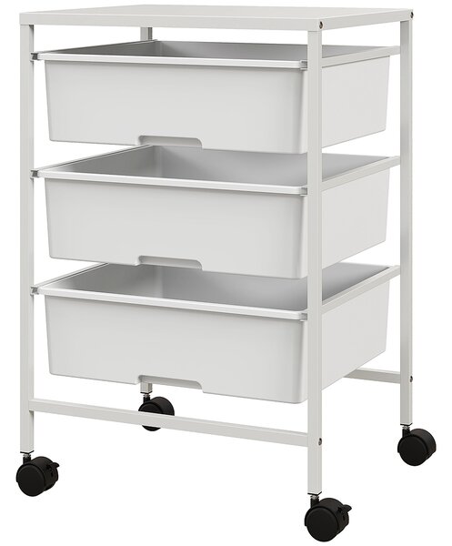 HOMCOM Cărucior Multifuncțional cu 3 Coșuri și Roți, Cărucior pentru Bucătărie și Birou din Oțel și Plastic, 40.8x33.5x60.5 cm, Alb | Aosom Romania