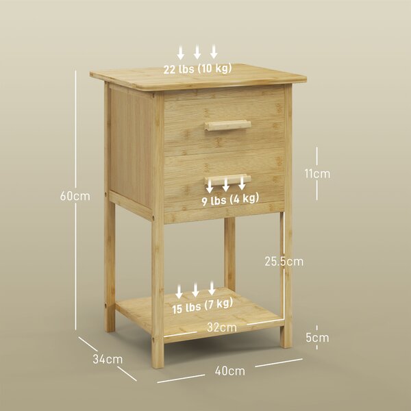 HOMCOM Noptiere, 2 piese, cu 2 Sertare și Poliță de Jos în Stil Nordic, Noptiere Moderne din Bambus, 40x34x60 cm, Lemn Natural | Aosom Romania