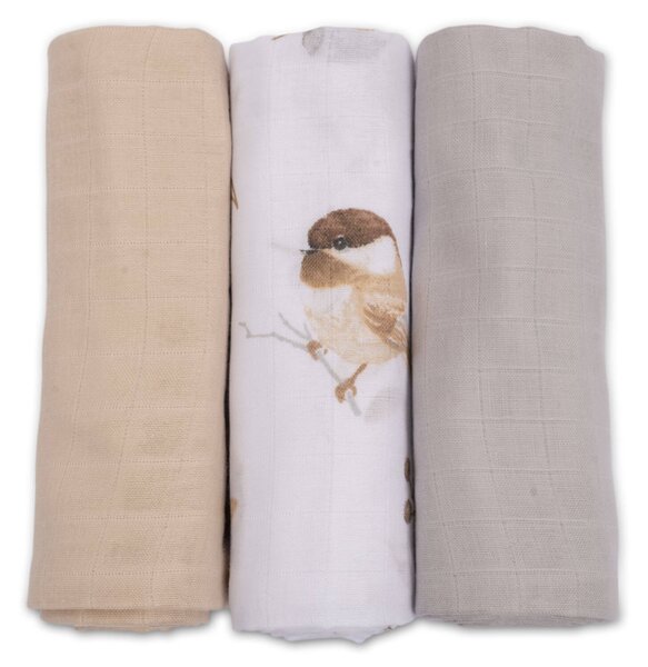 Set 3 paturici muselina soft 78x78 cm Kidizi Birdy, 100% bumbac