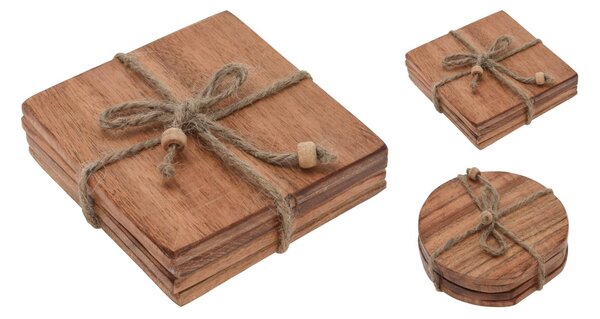 Set 4 suporti pentru pahare lemn acacia 10x10 cm - modele diverse