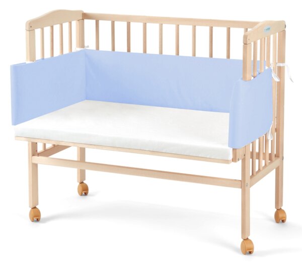 Pătuț pentru copii 2 în 1 cu saltea și mantinelă de protecție MANULIA, 45/58x85/79x94, maro/albastru