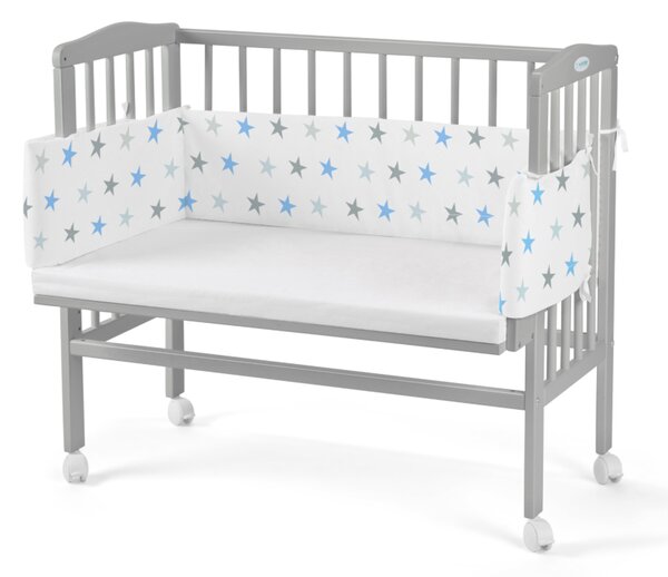 Pătuț pentru copii 2 în 1 cu saltea și mantinelă de protecție MANULIA 3, 45/58x85/79x94, gri/steluțe albastre