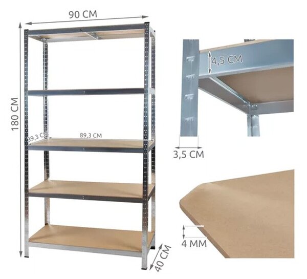Raft metalic depozitare, 5 nivele, sarcina maxima totala 875 kg, placa MDF 4 mm, otel galvanizat