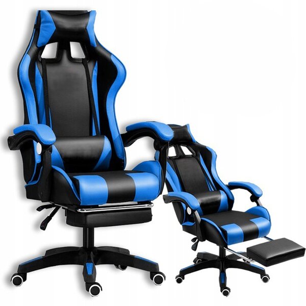 Scaun de gaming confortabil cu pernă în negru și albastru