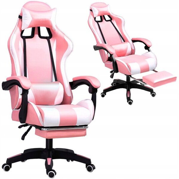 Scaun de gaming, cu tetieră, alb-roz