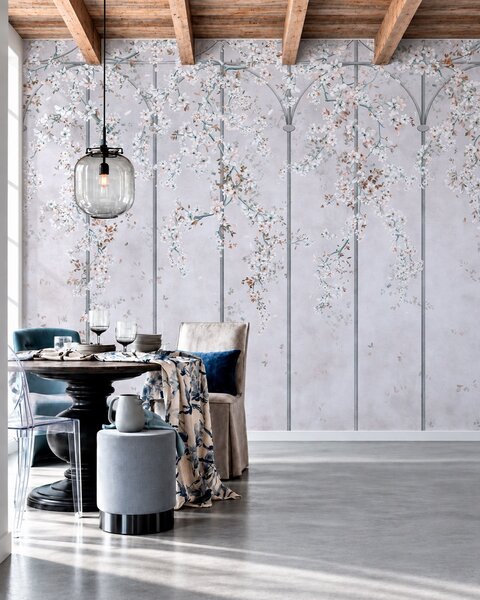 Tapet Ramuri cu flori albe pe un spalier decorativ albastru și gri, Imagini de fundal unice, w05923v1 : Uwalls.ro