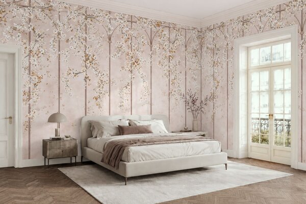 Tapet Ramuri albe înflorite pe un spalier decorativ, Imagini de fundal unice, w05923 : Uwalls.ro