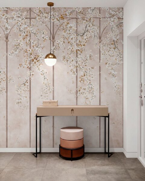 Tapet Ramuri albe înflorite pe un spalier decorativ, Imagini de fundal unice, w05923 : Uwalls.ro