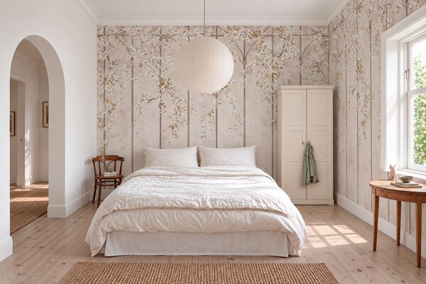 Tapet Ramuri albe înflorite pe un spalier decorativ, Imagini de fundal unice, w05923 : Uwalls.ro