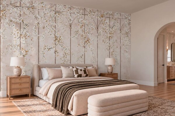 Tapet Ramuri albe înflorite pe un spalier decorativ, Imagini de fundal unice, w05923 : Uwalls.ro