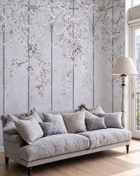 Tapet Ramuri cu flori albe pe un spalier decorativ albastru și gri, Imagini de fundal unice, w05923v1 : Uwalls.ro