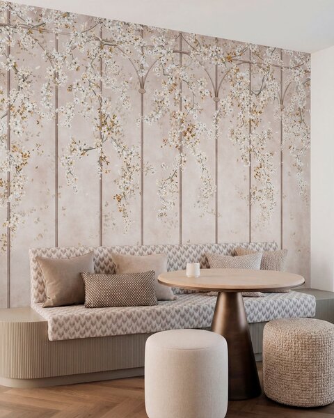 Tapet Ramuri albe înflorite pe un spalier decorativ, Imagini de fundal unice, w05923 : Uwalls.ro