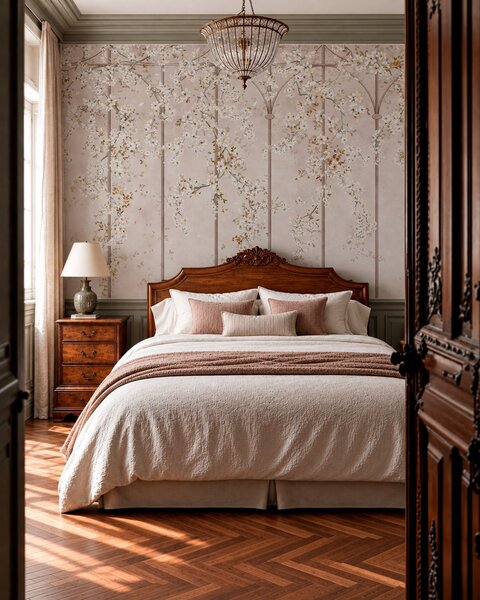 Tapet Ramuri albe înflorite pe un spalier decorativ, Imagini de fundal unice, w05923 : Uwalls.ro