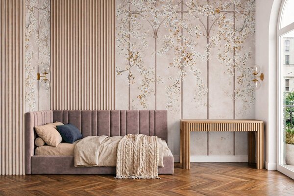 Tapet Ramuri albe înflorite pe un spalier decorativ, Imagini de fundal unice, w05923 : Uwalls.ro