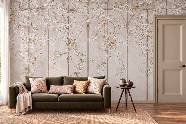Tapet Ramuri albe înflorite pe un spalier decorativ, Imagini de fundal unice, w05923 : Uwalls.ro