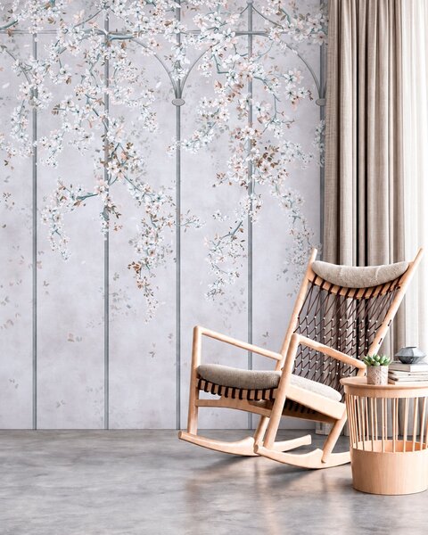 Tapet Ramuri cu flori albe pe un spalier decorativ albastru și gri, Imagini de fundal unice, w05923v1 : Uwalls.ro